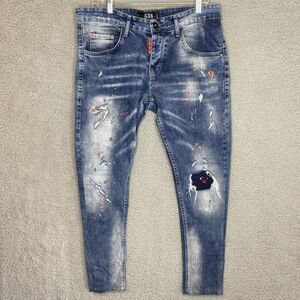Icon XWAY Mens Denim Painted Graffiti Distressed Jeans Button Fly 34x28